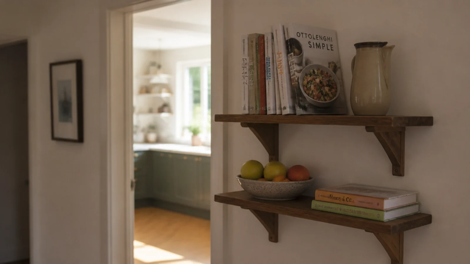 kitchen overflow shelves fitted on the hallway wall beside the doorway