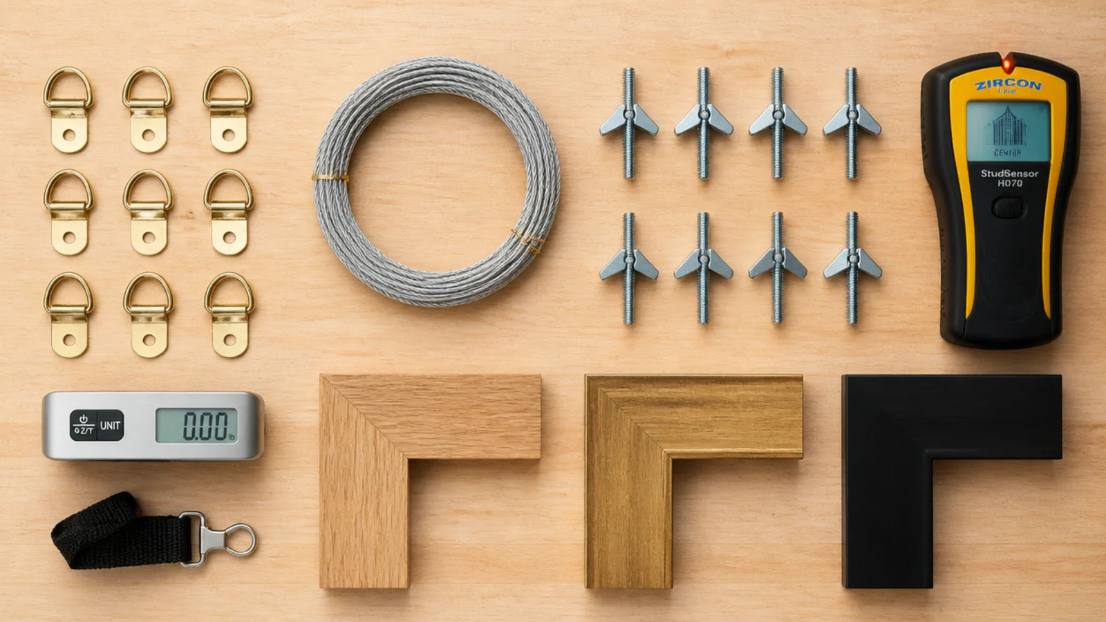 workbench with mirror hardware D rings toggle bolts and a hanging scale