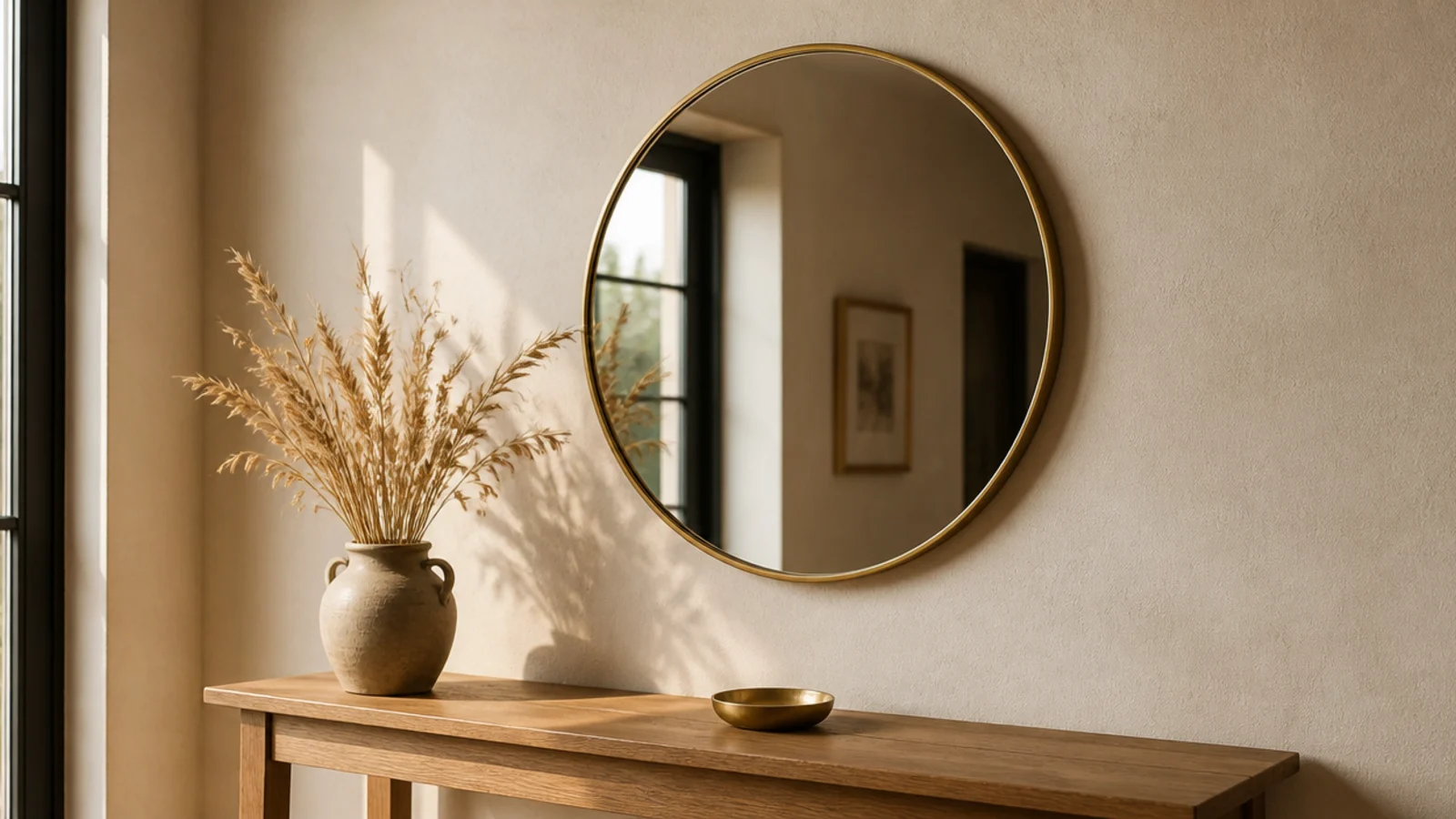 thin brass framed round decorative wall mirror above a narrow oak console