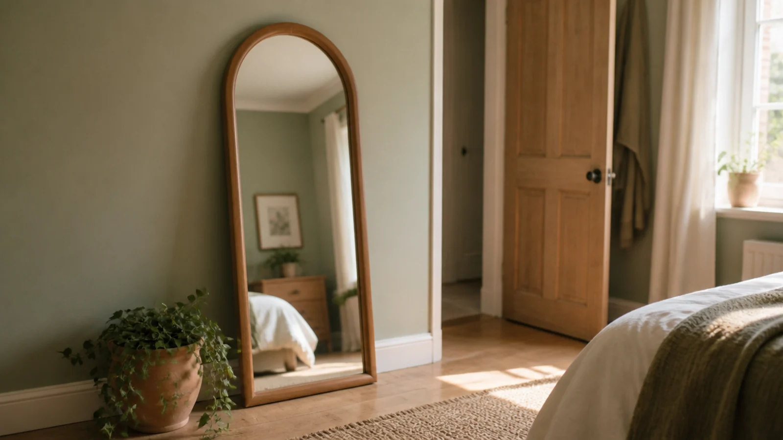 tall arched full length oak framed mirror leaning against a bedroom wall