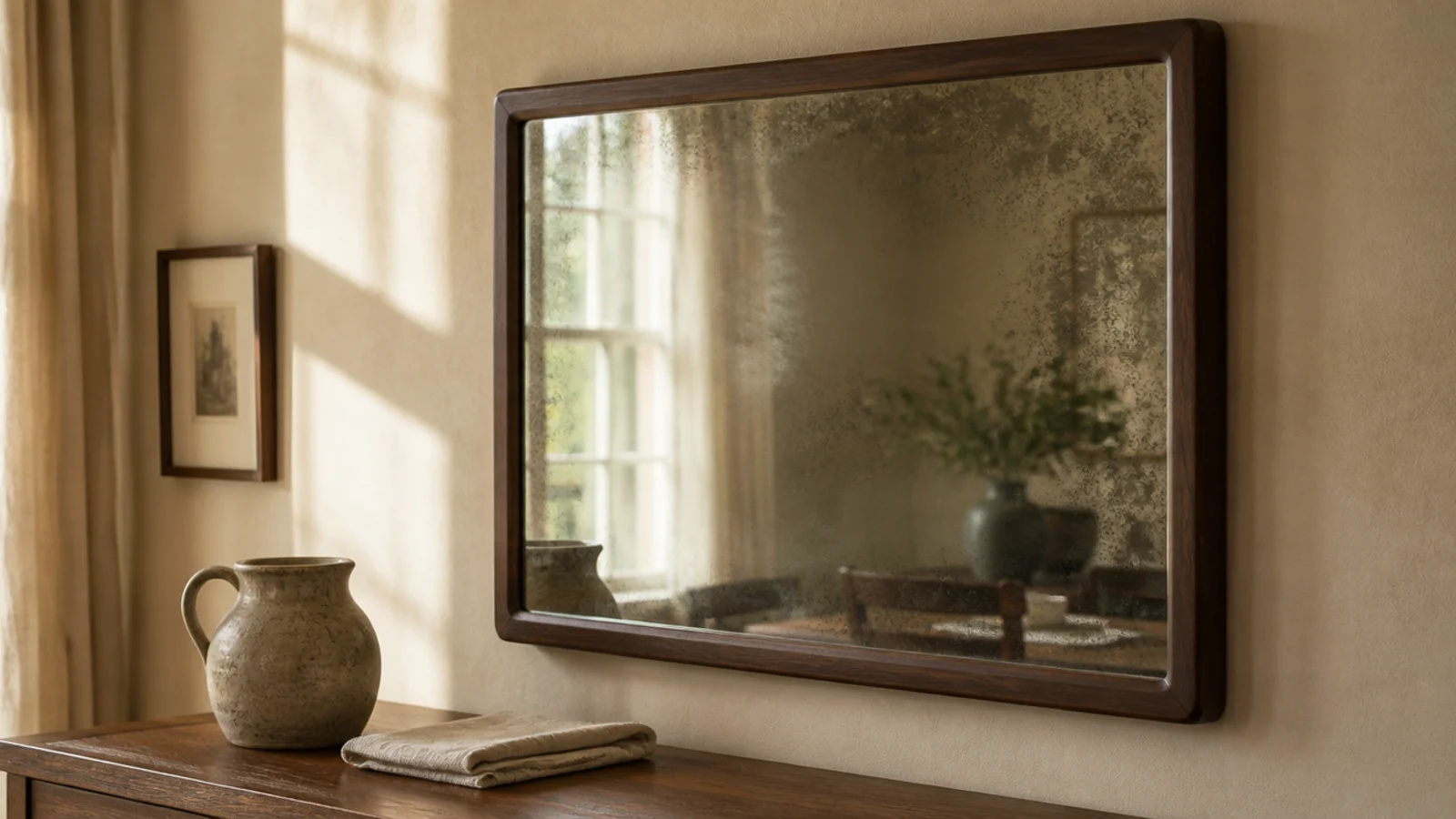 antiqued foxed mirror panel in a slim walnut frame on a dining wall