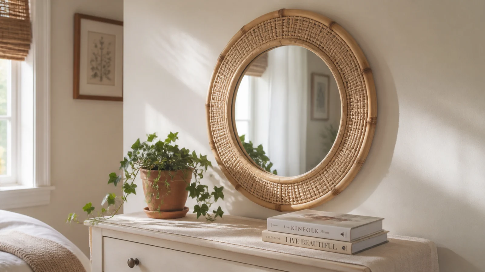 round rattan wrapped wall mirror hung lightly in a bright rental bedroom