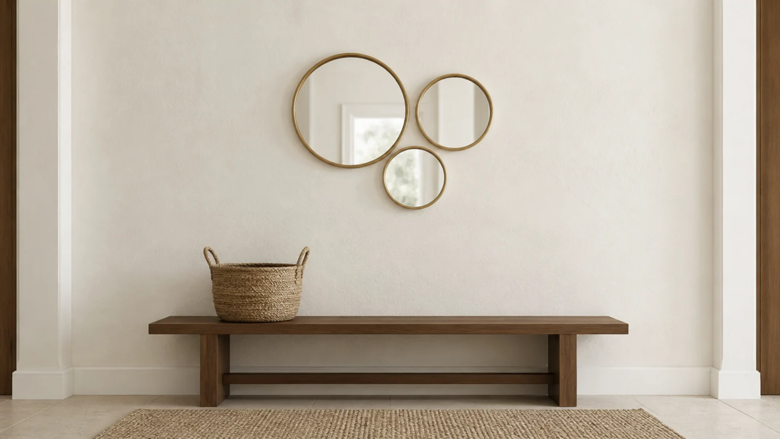 set of three small brass round mirrors grouped on a cream plaster wall