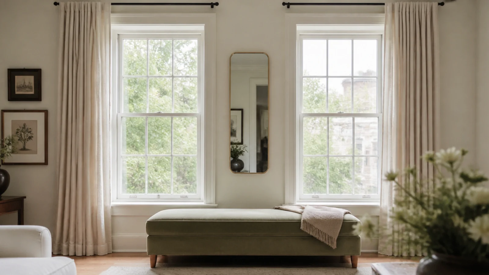 tall narrow pier mirror filling the wall strip between two sash windows