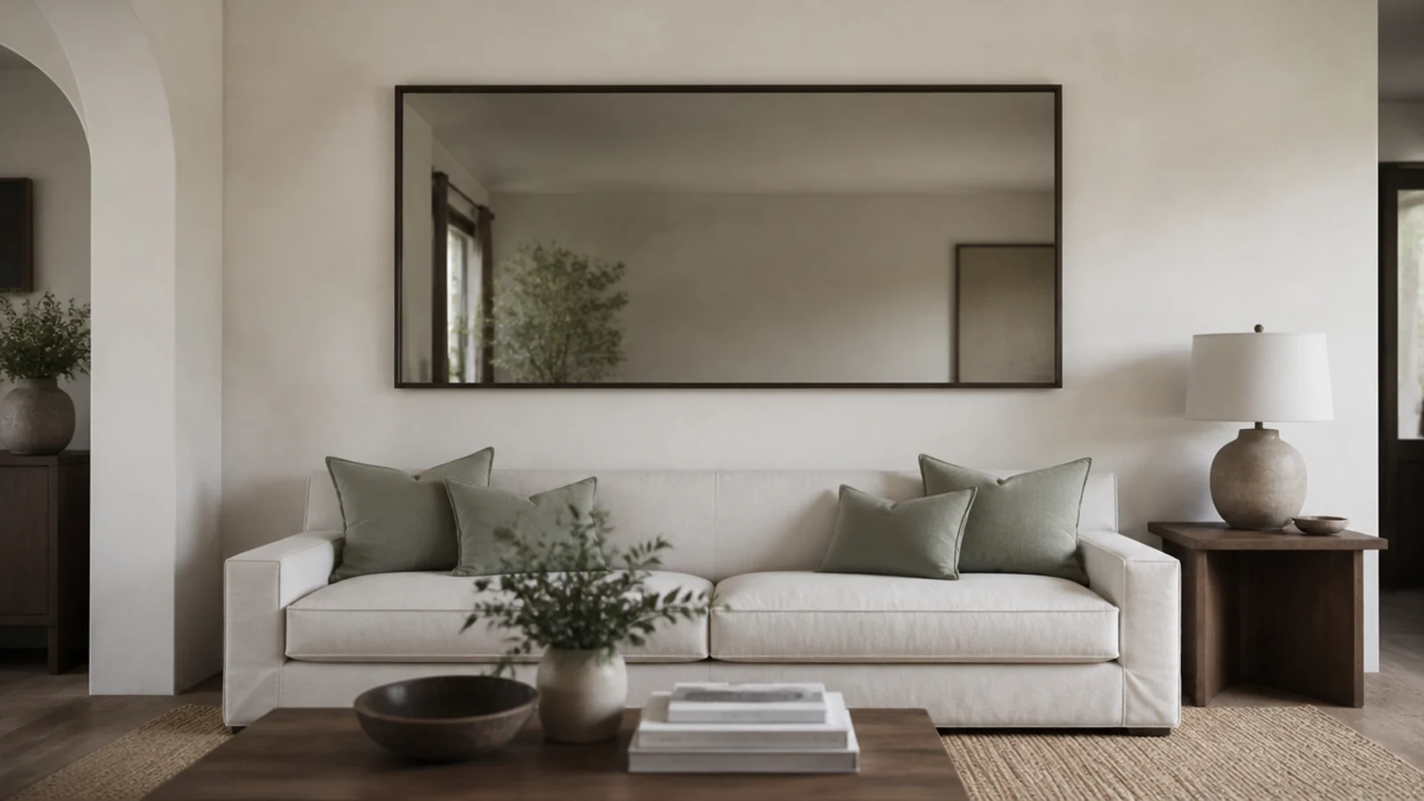 large rectangular wall mirror hung high above a linen sofa on two studs