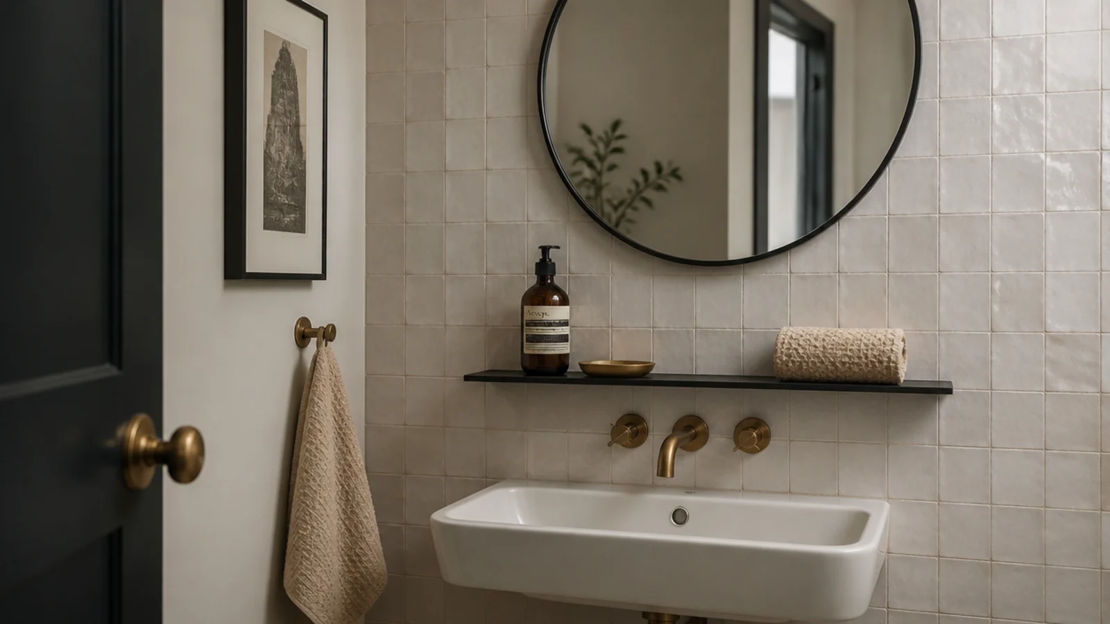 powder coated metal framed round mirror above a basin against pale tile