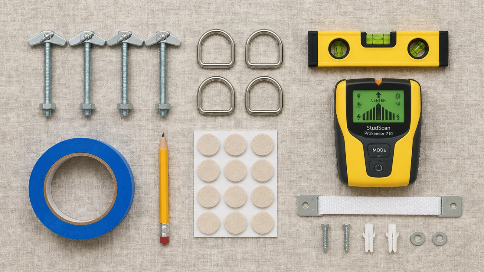 flat lay of toggle bolts D-rings stud finder and level for hanging mirrors