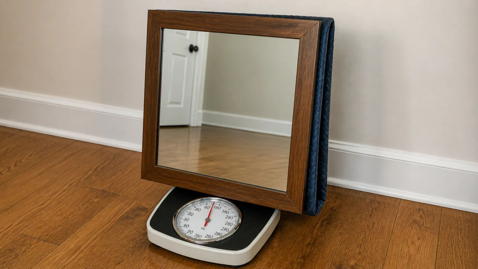 wall mirror resting on a bathroom scale showing its weight in pounds