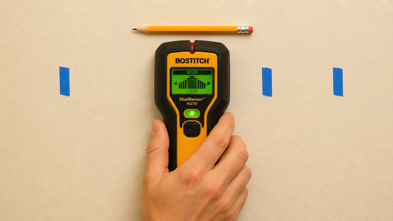 electronic stud finder scanning a cream wall marked with painter tape