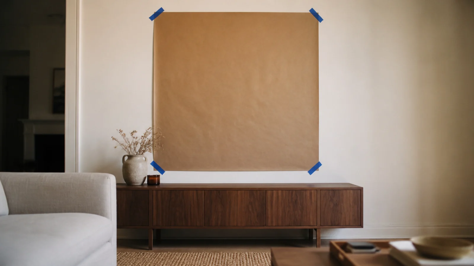kraft paper template cut to mirror size taped onto a living room wall