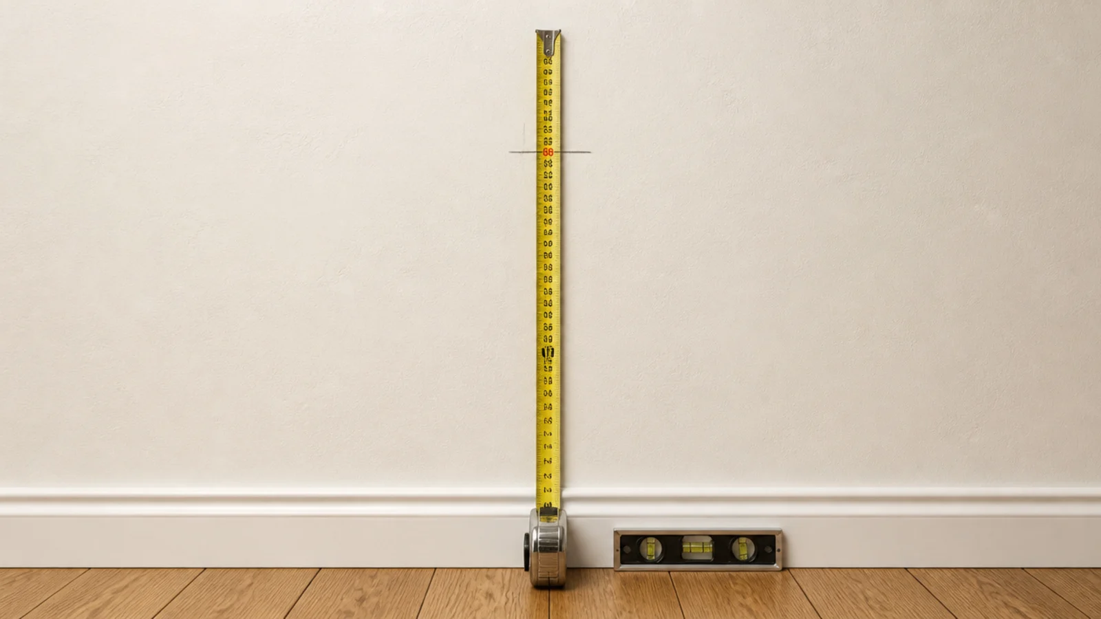 tape measure marking the sixty inch centre line for a wall mirror
