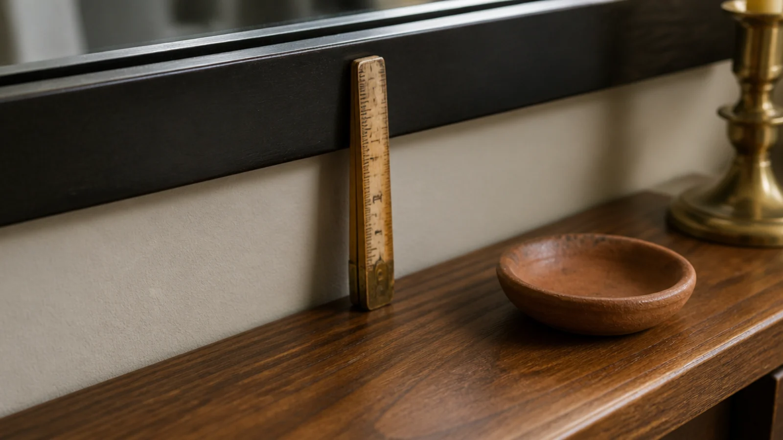 six inch gap measured between a console top and a mirror bottom edge