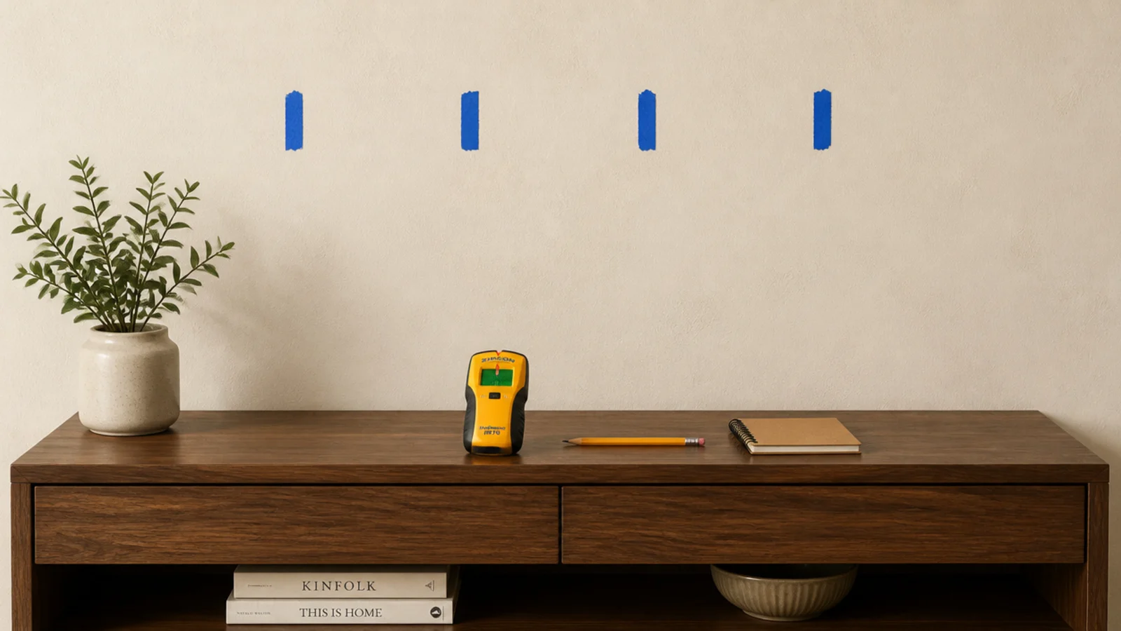 row of painter tape marks showing stud positions across a cream wall