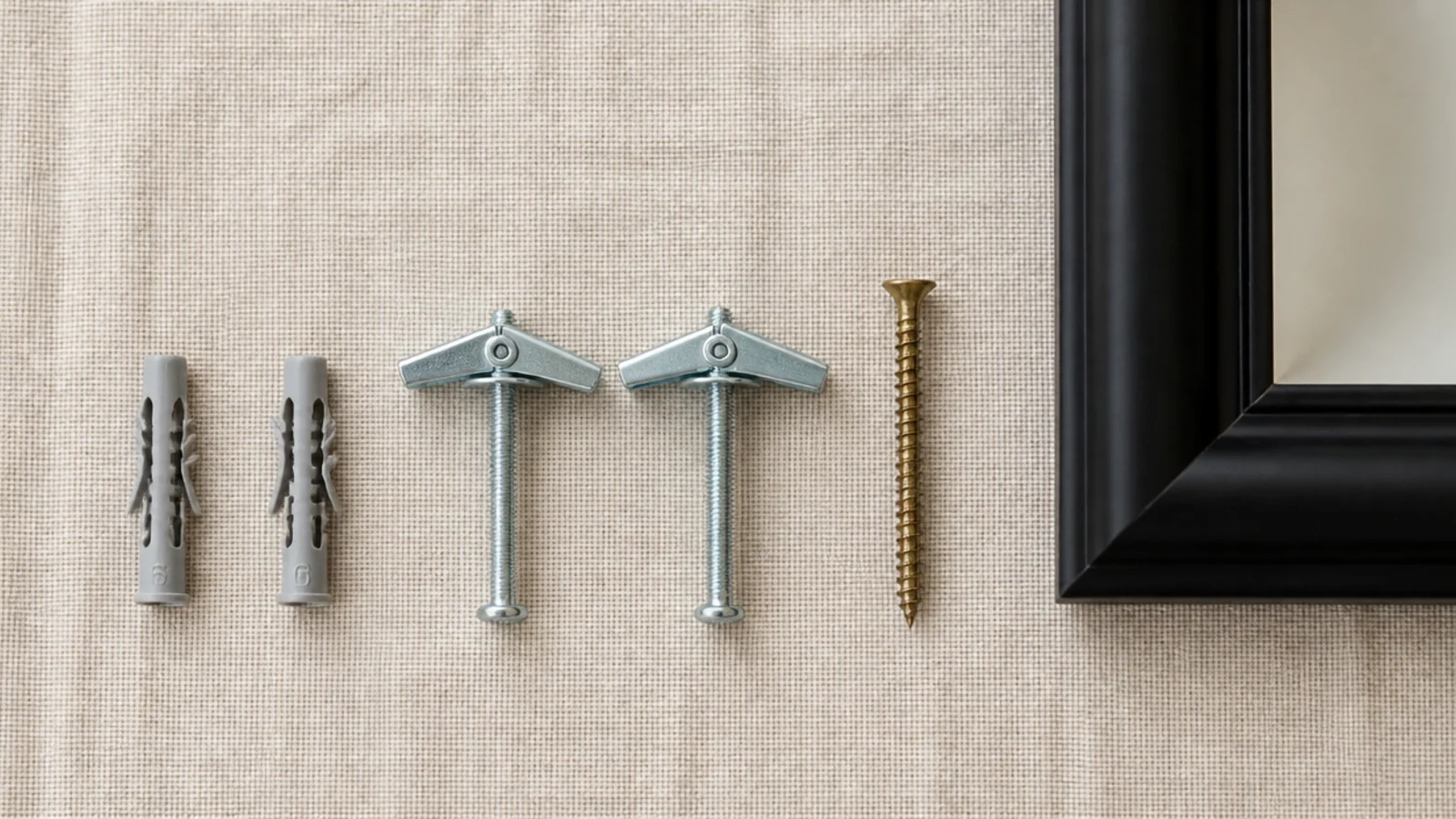 toggle bolts and plastic wall plugs compared beside a heavy mirror frame