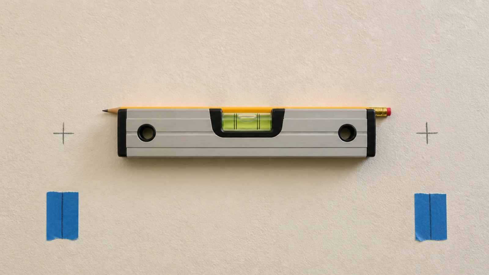 spirit level held across two pencil marks for hanging a wall mirror