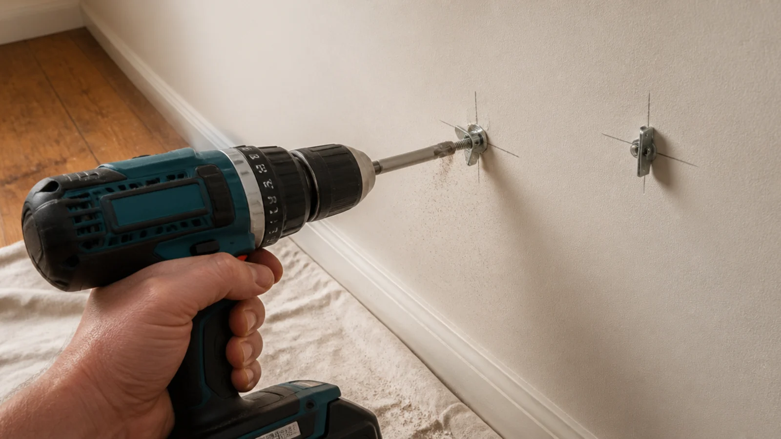 cordless drill setting a toggle bolt into a marked wall for a mirror
