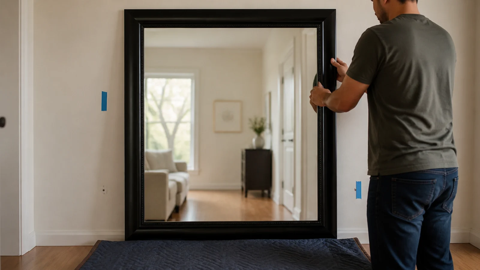 large mirror being lifted onto wall hooks with padding beneath it