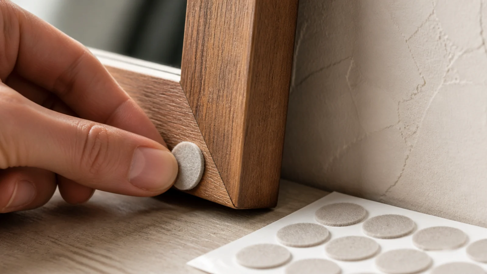 small felt pad stuck to the lower back corner of a mirror frame