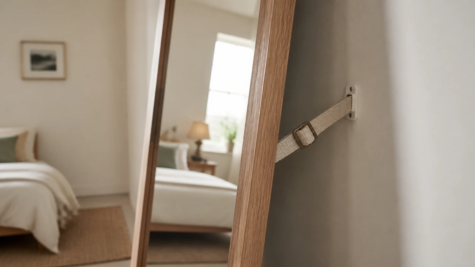 anti tip strap anchored behind a leaning full length mirror frame