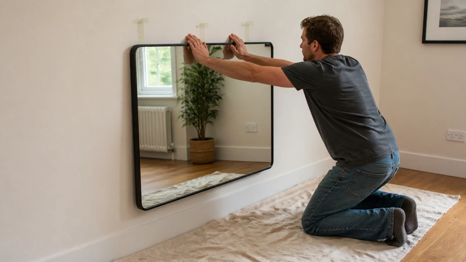 hand pressing firmly on a hung mirror frame to test the anchors
