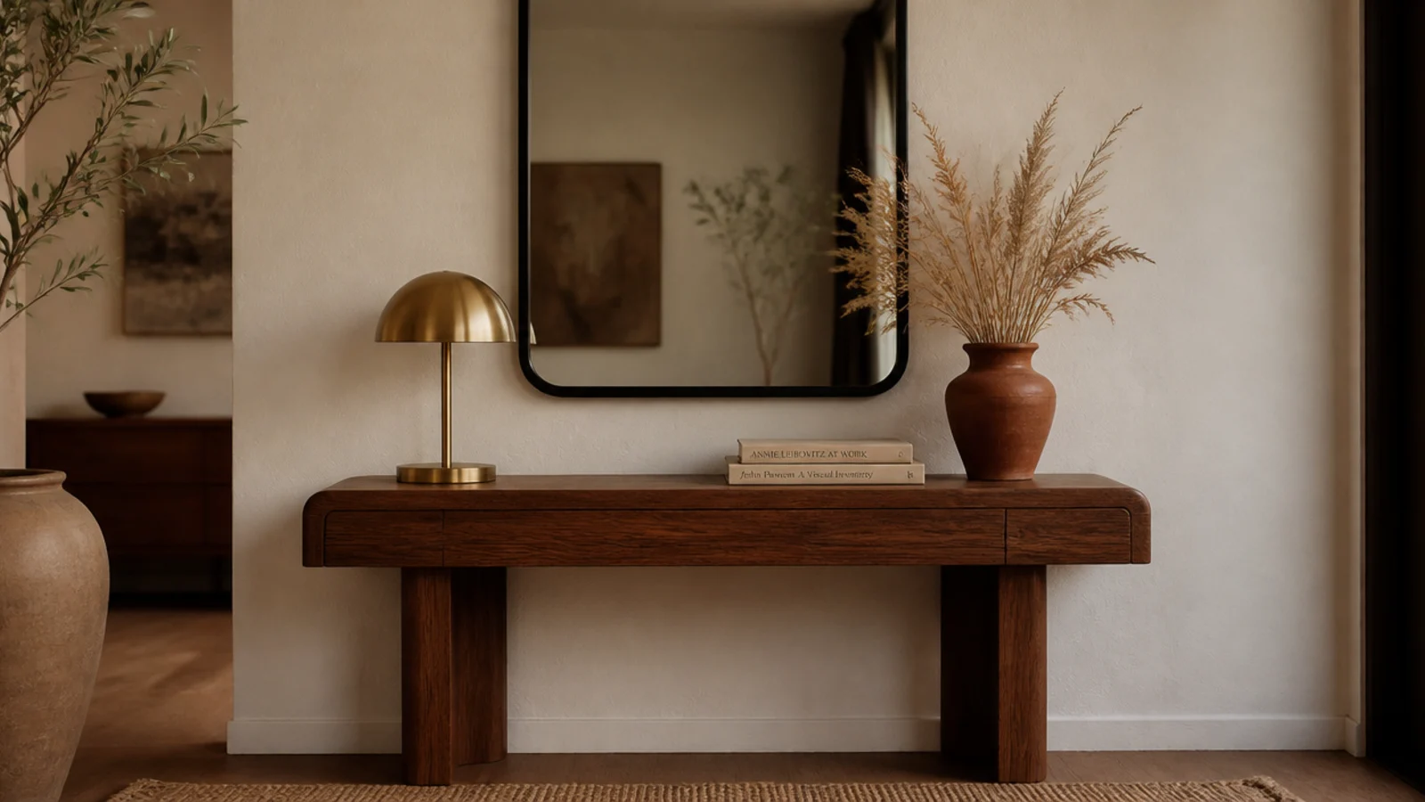 styled console beneath a hung mirror with lamp vase and stacked books