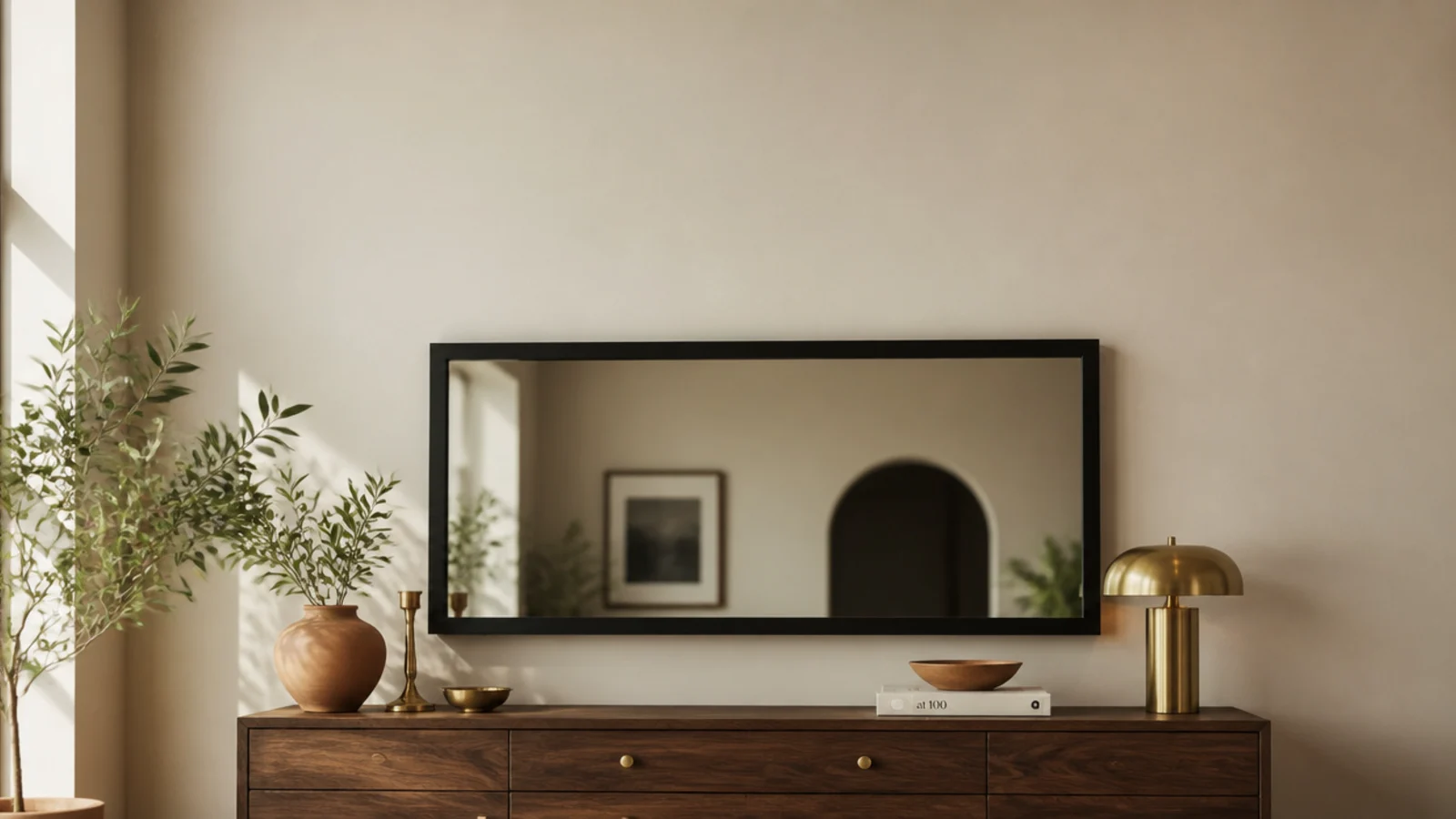vertical guide image of a mirror wall hung level above a walnut console