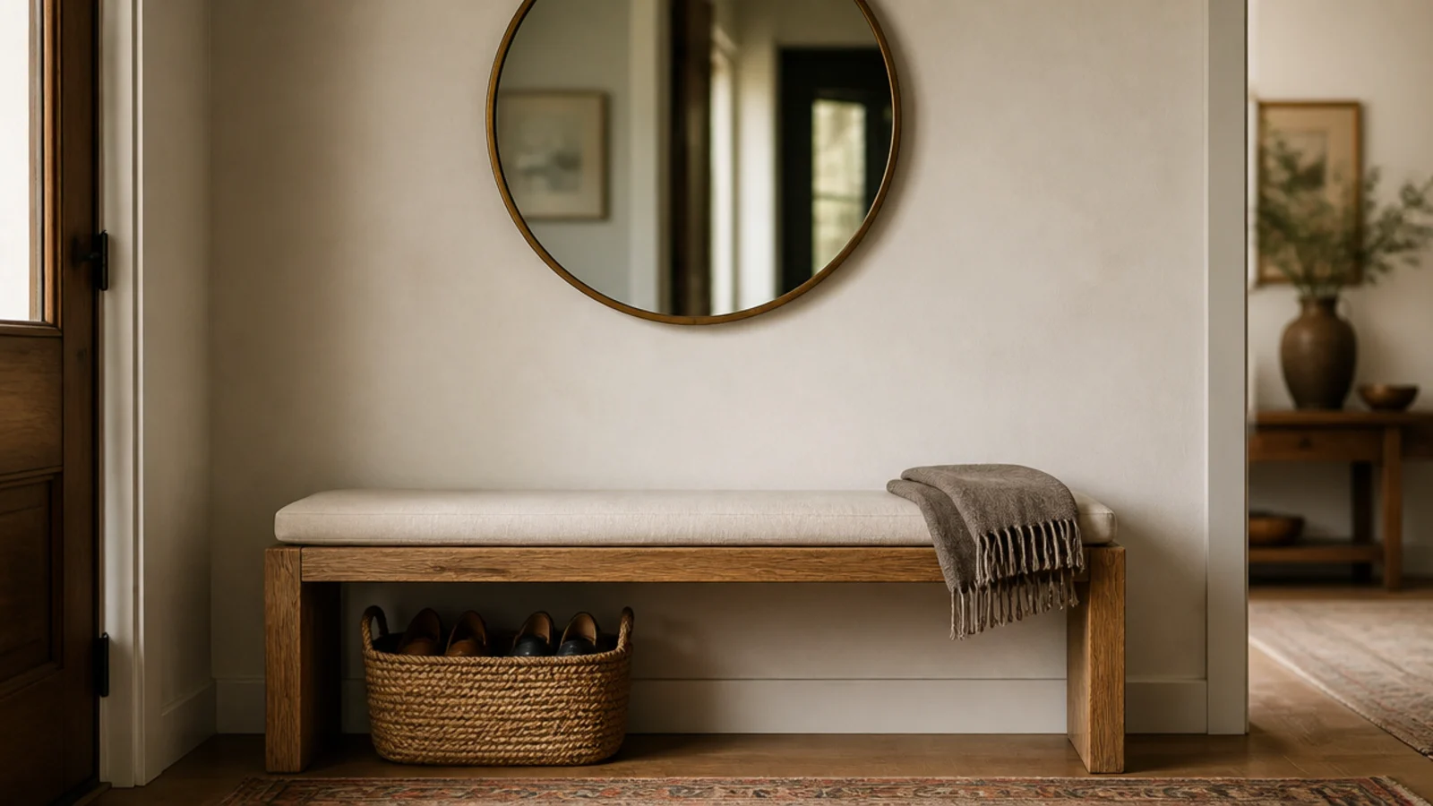 round brass mirror centred above an oak entry bench with a cushion