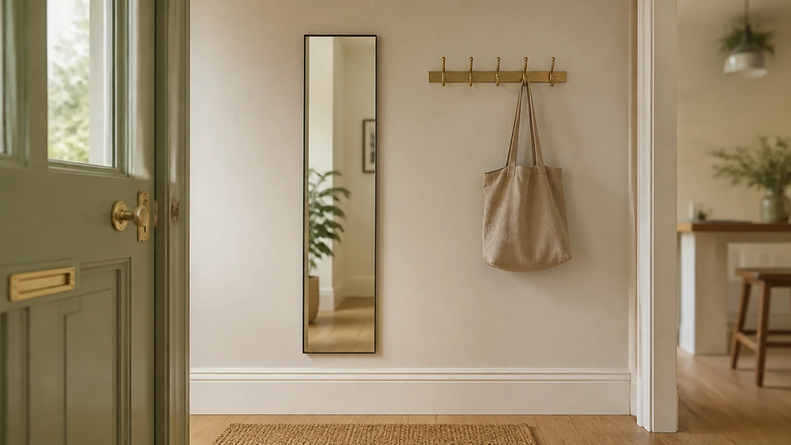 full length mirror mounted flat beside a front door for last looks