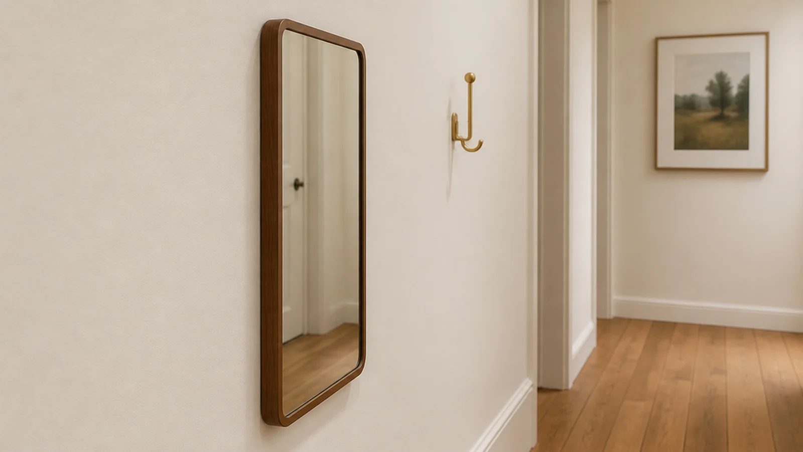 slim shallow framed mirror mounted flat on a narrow hallway wall