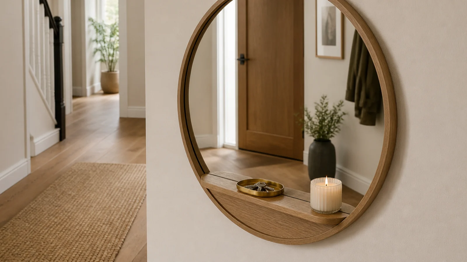 entry mirror with a built in oak ledge holding keys and a candle