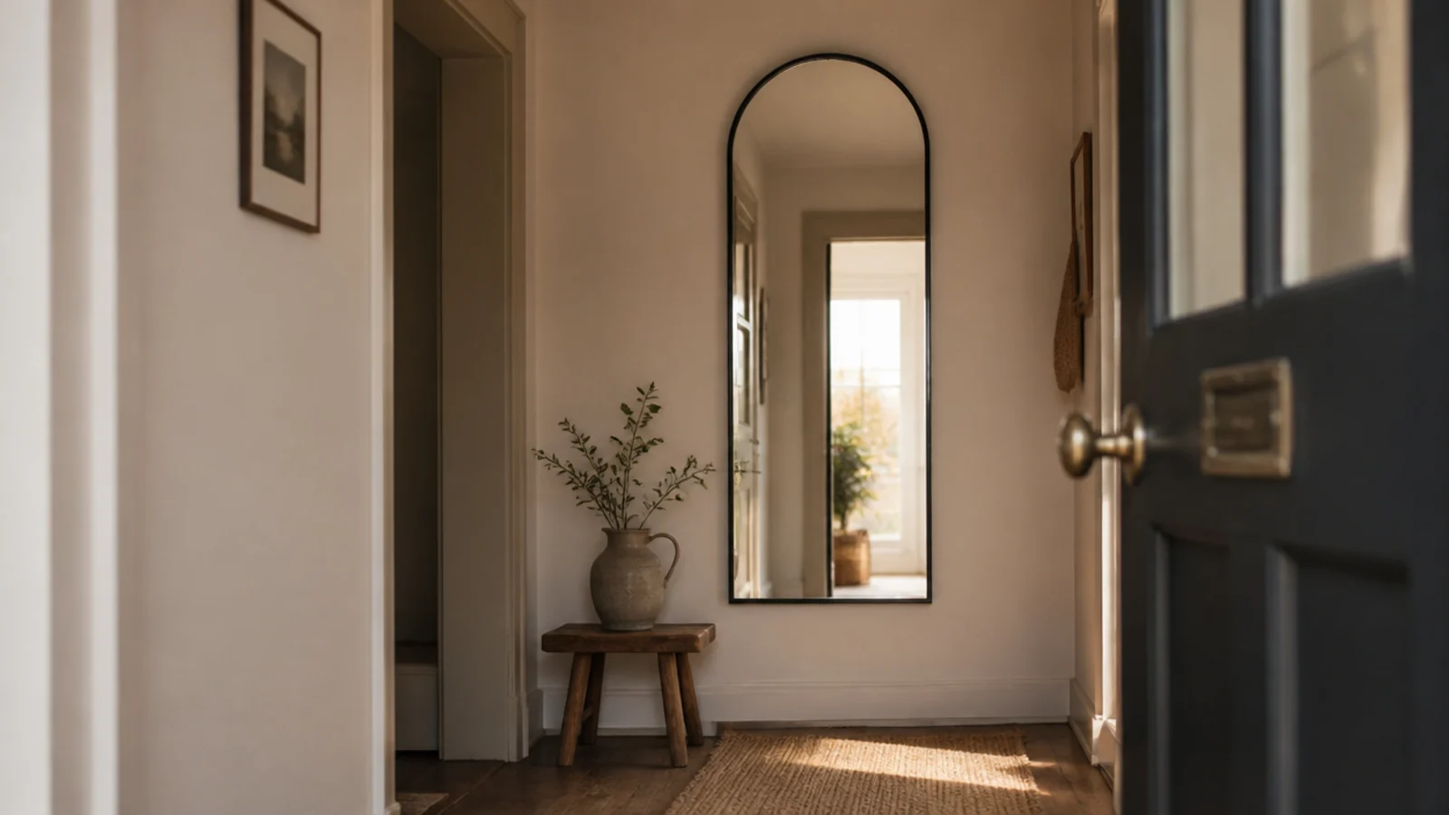 tall arched mirror filling the main wall of a compact foyer