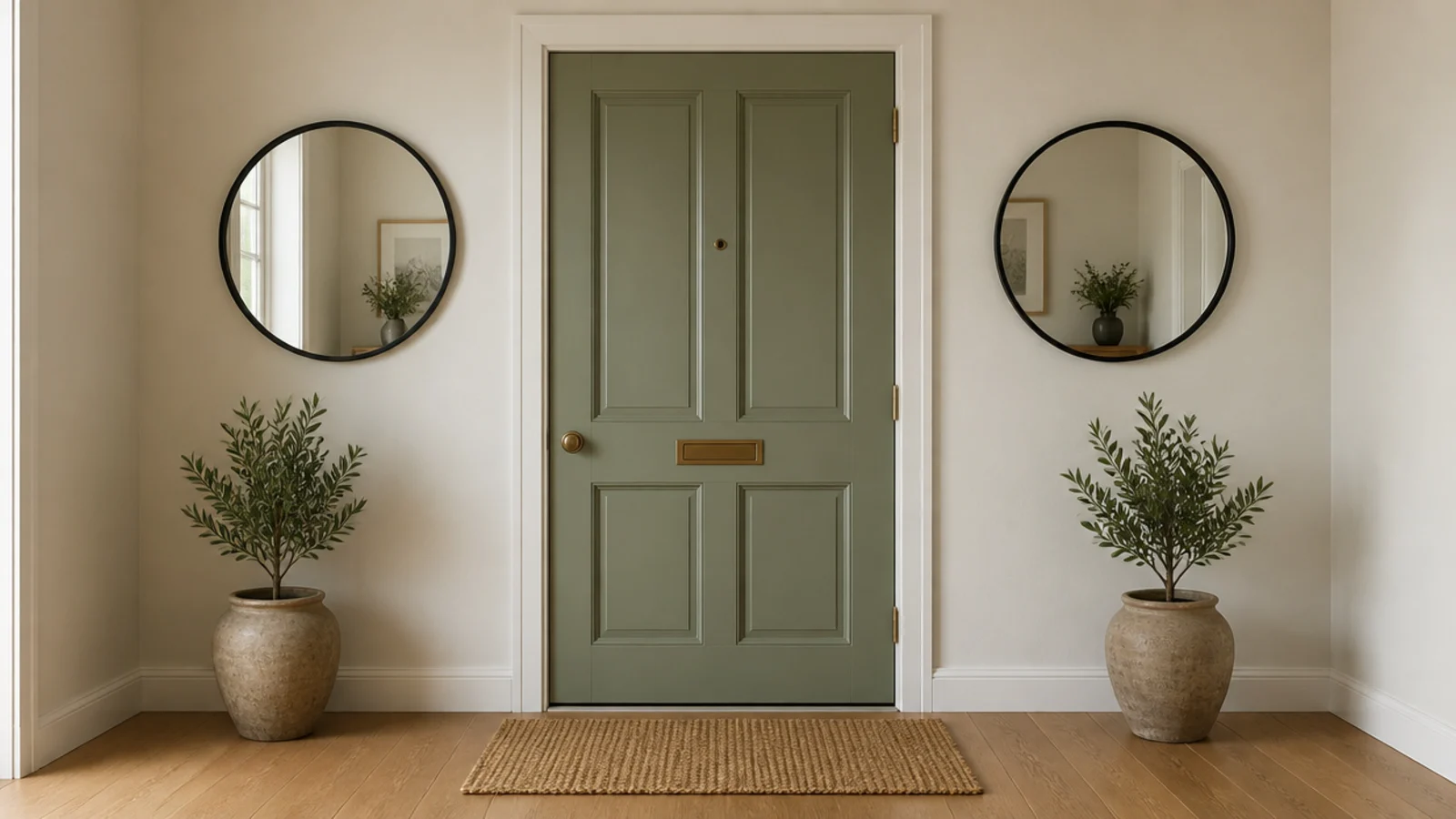 two matching mirrors hung symmetrically either side of a front door