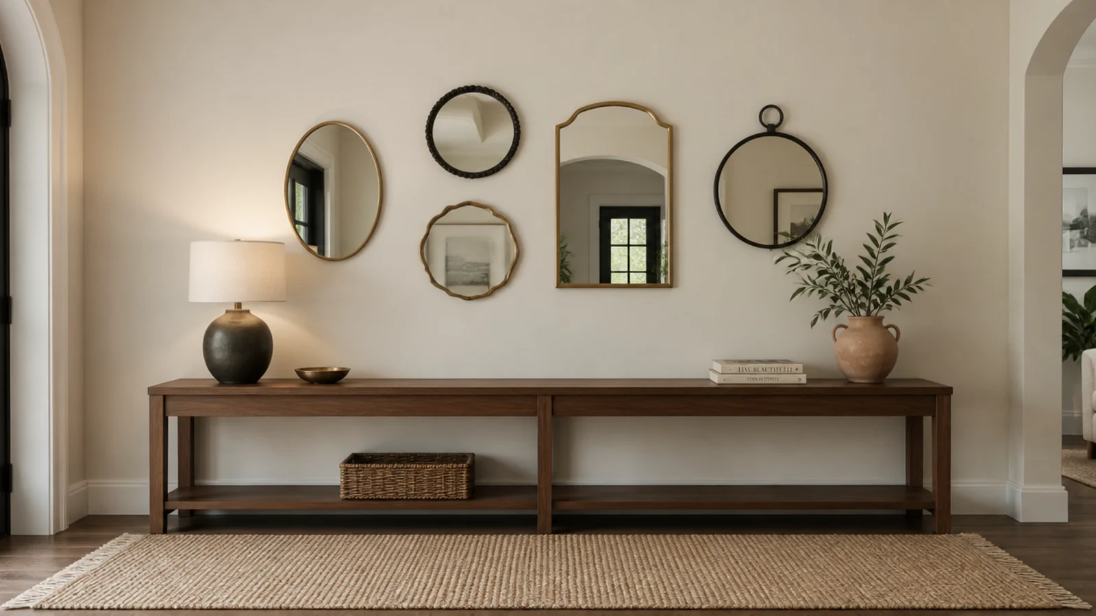 cluster of five small mirrors filling a wide foyer wall