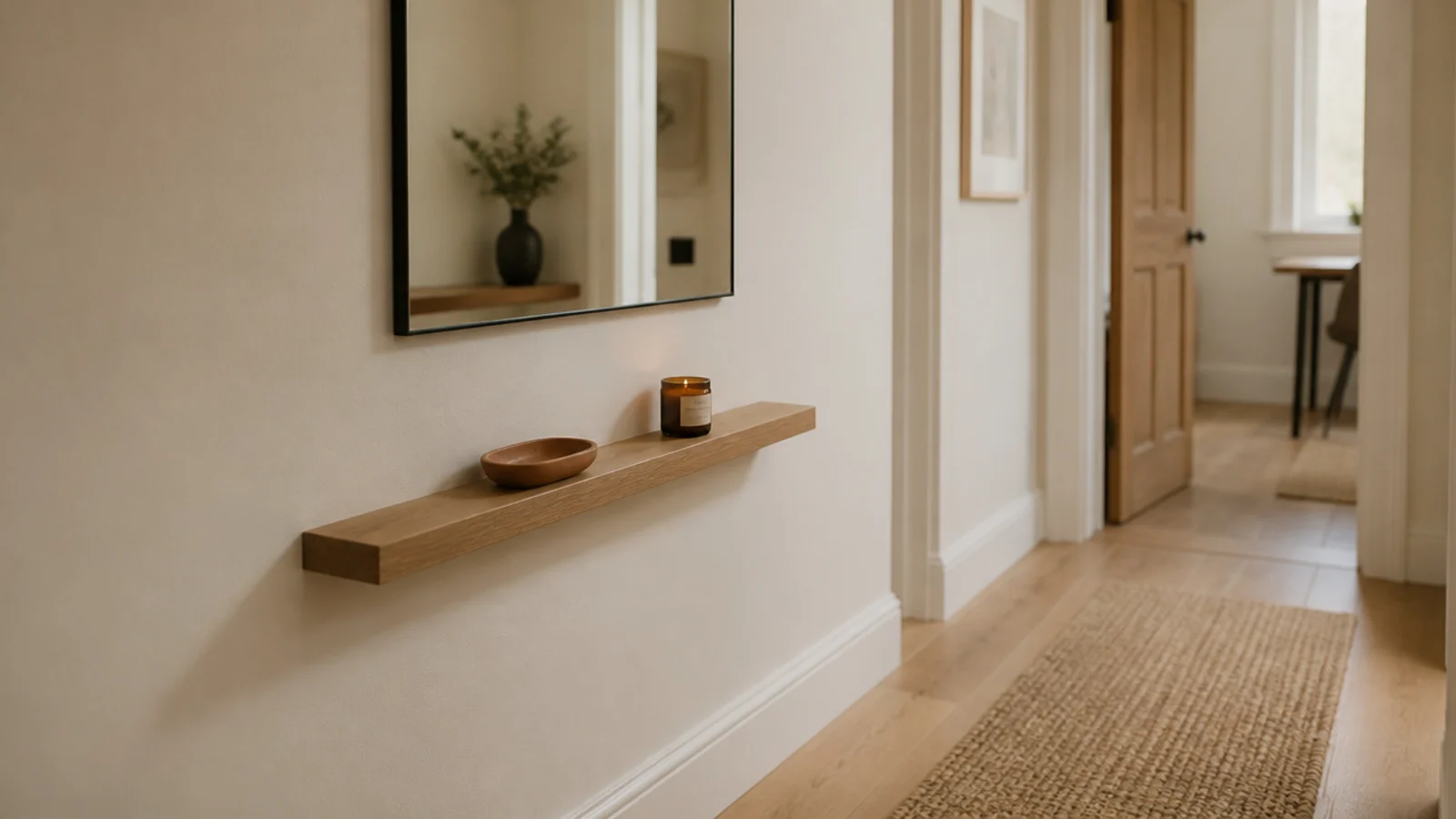 mirror hung above a narrow floating shelf in an entry hallway