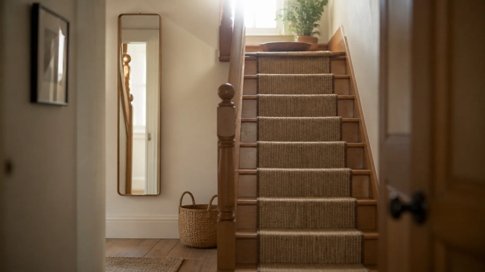 mirror hung on the wall beside a staircase in a bright entry