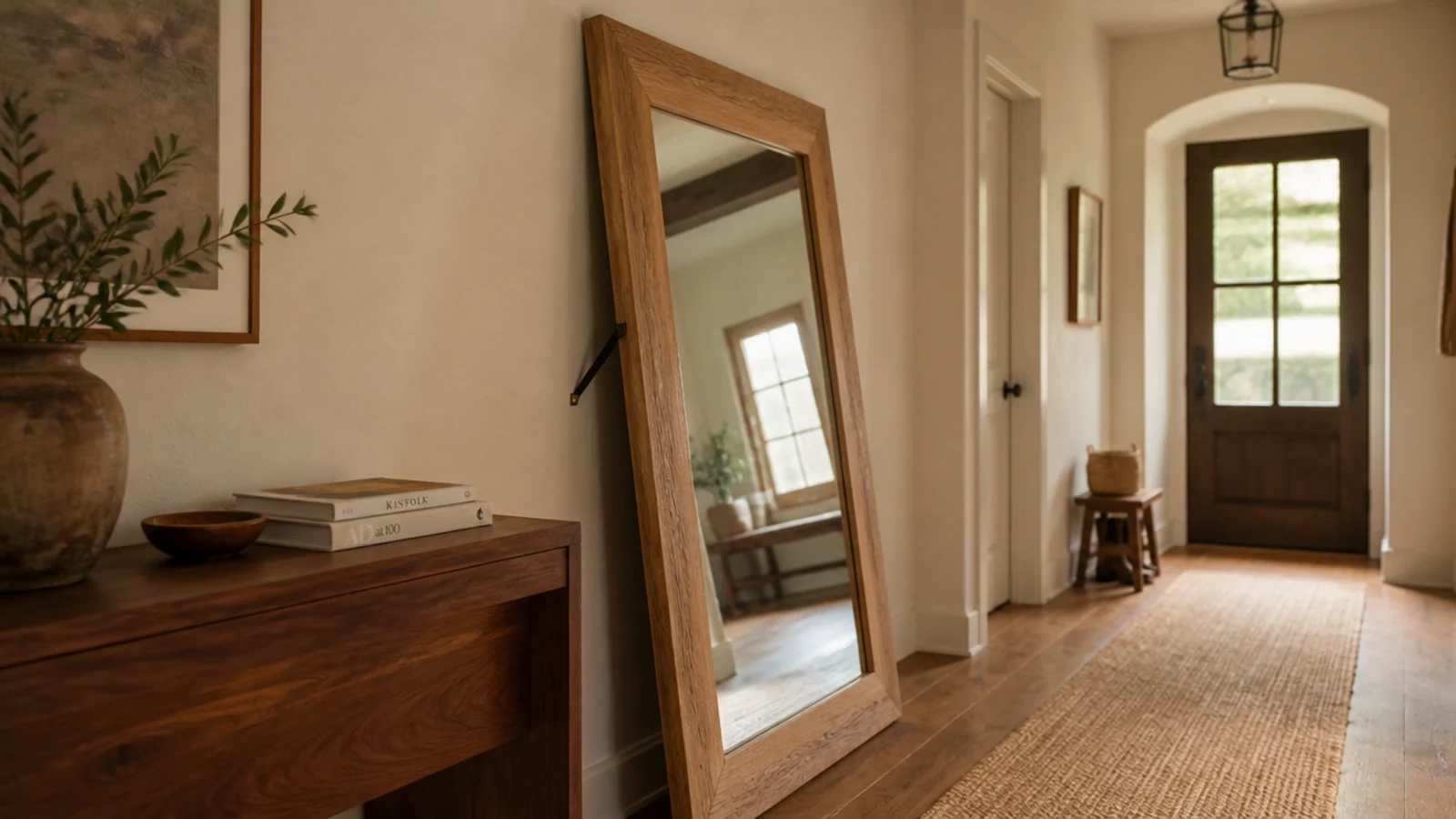 oversized mirror leaning against an entry wall with a hidden strap