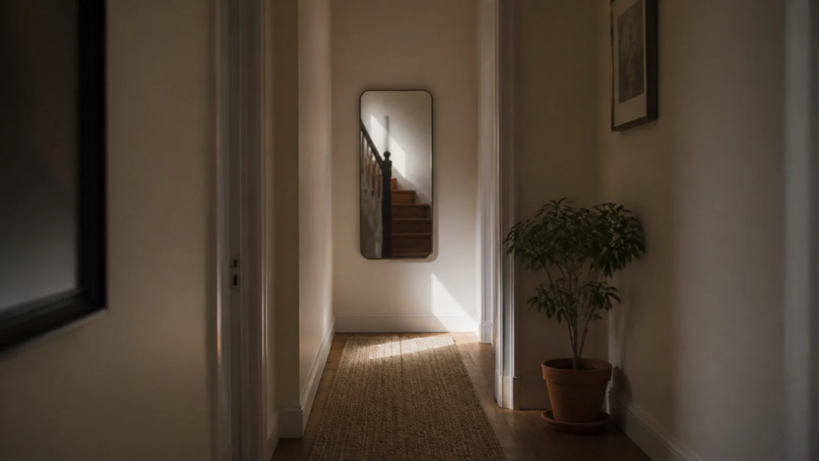 entry mirror angled to catch bright light falling from a stairwell