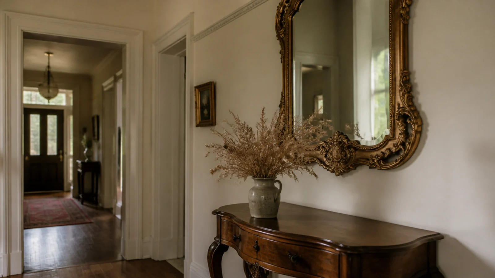 ornate antique gilt mirror hung in a period entrance hallway