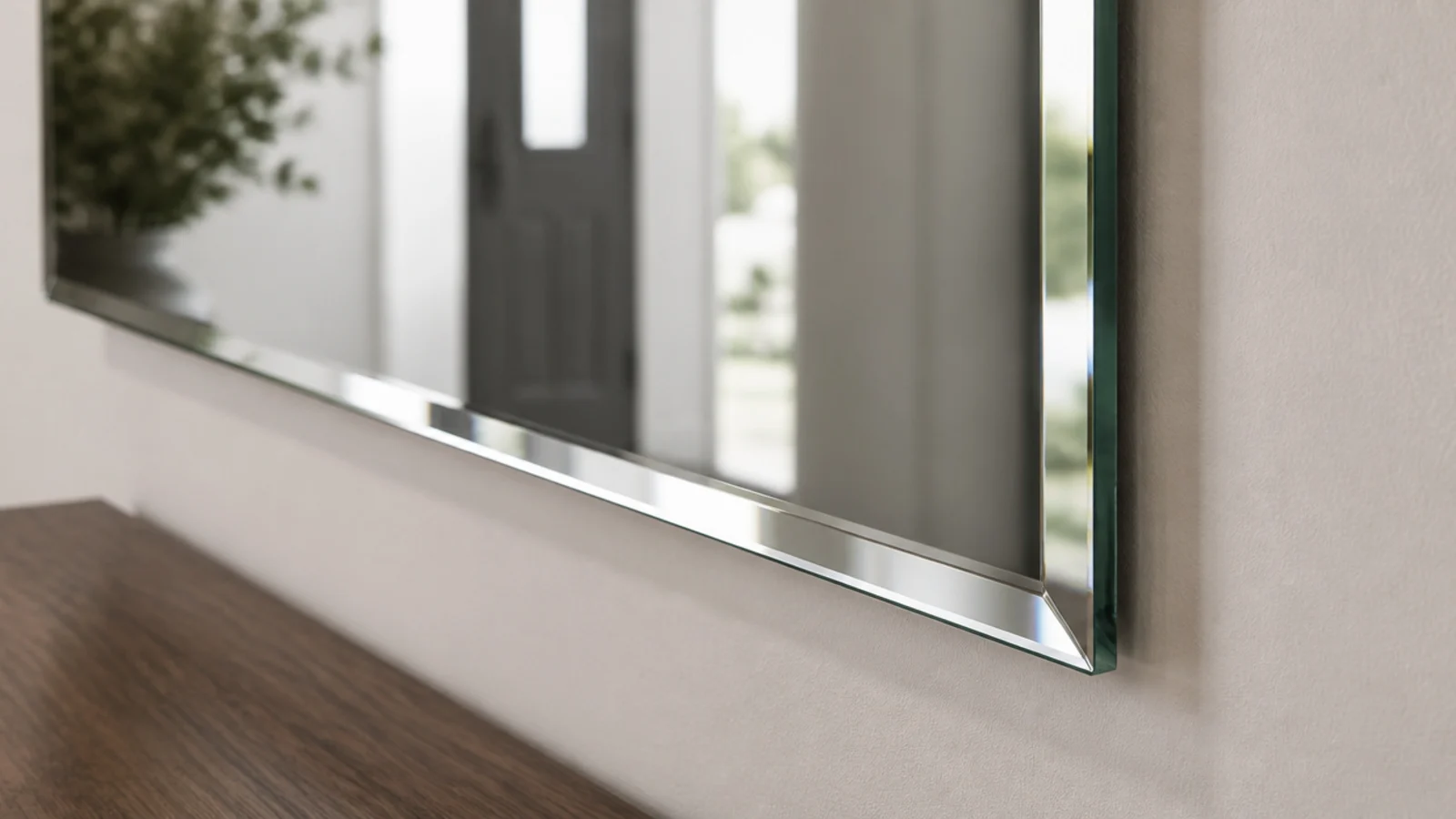 frameless bevelled mirror mounted flush on a pale rental entry wall