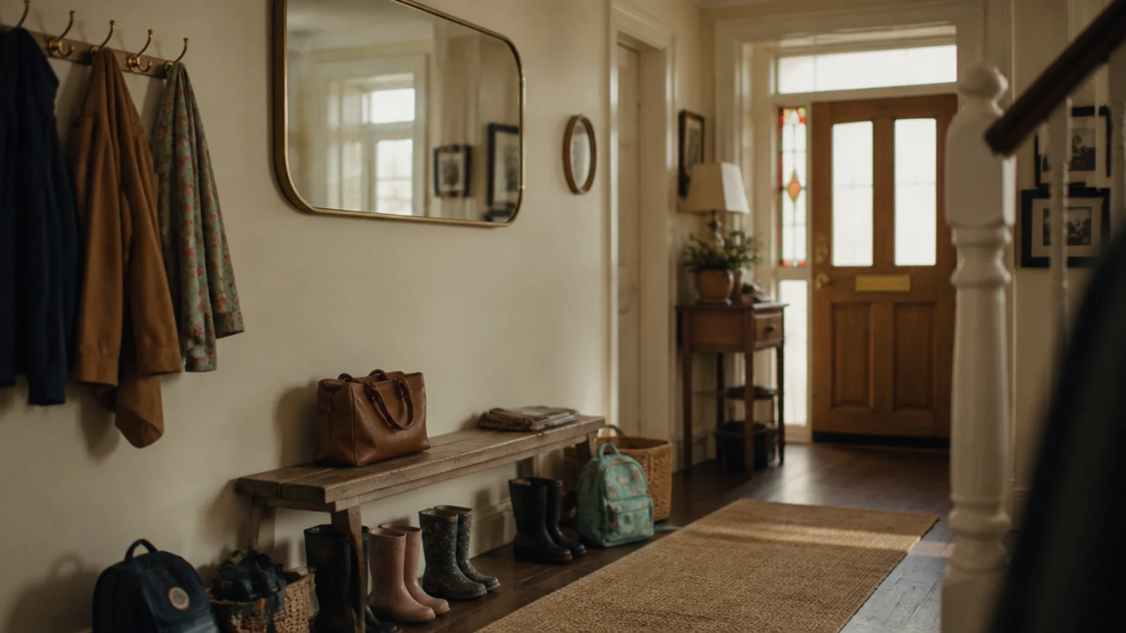 entry mirror hung well above bag height on a busy hallway wall