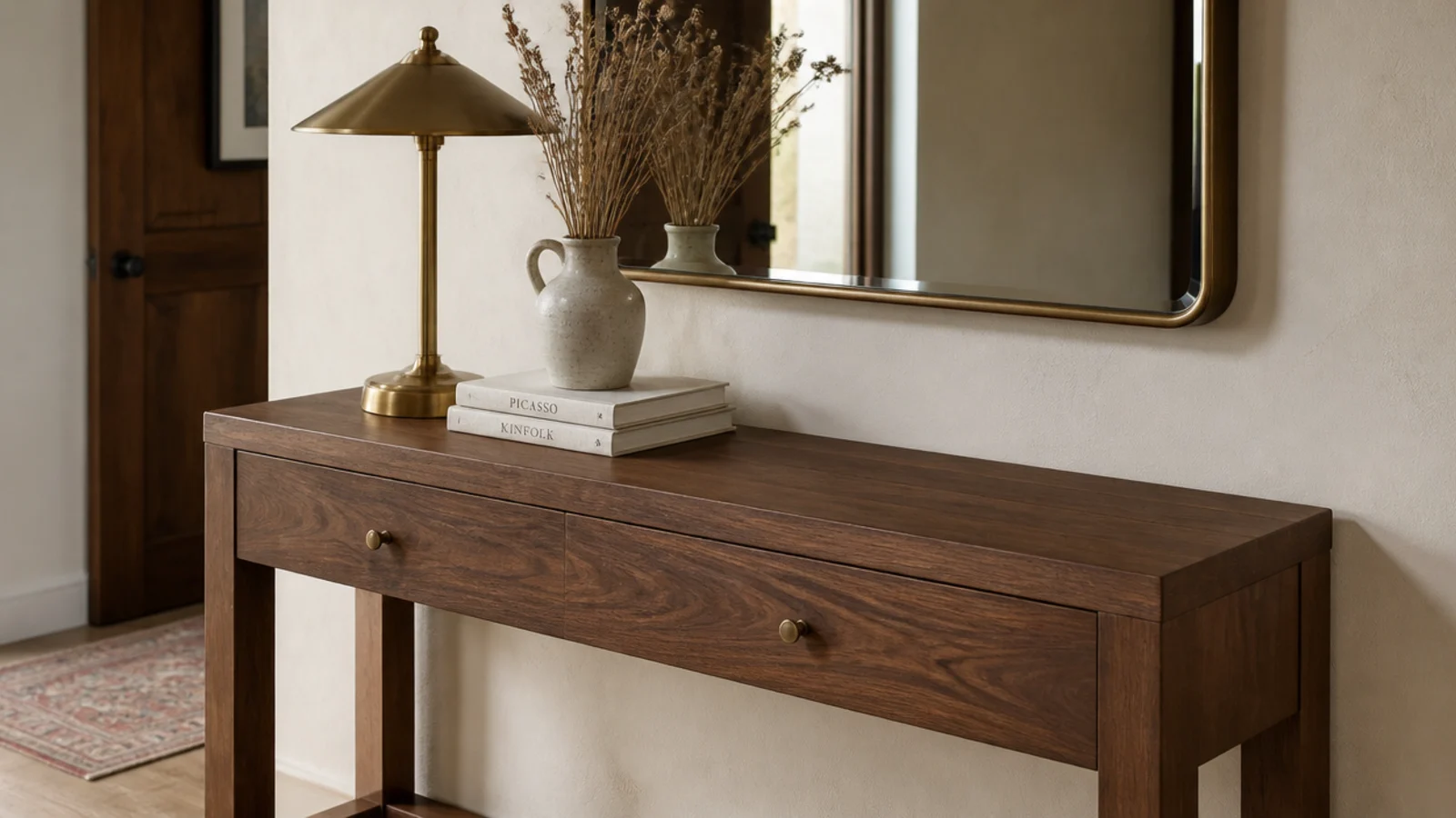 entry console styled with lamp books and dried stems below a mirror