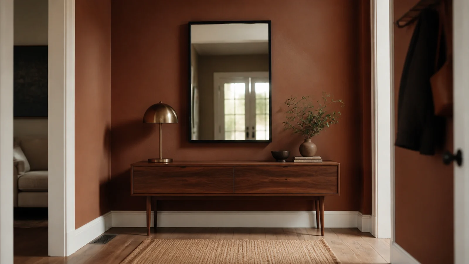 entry mirror hung on a deep clay painted feature wall