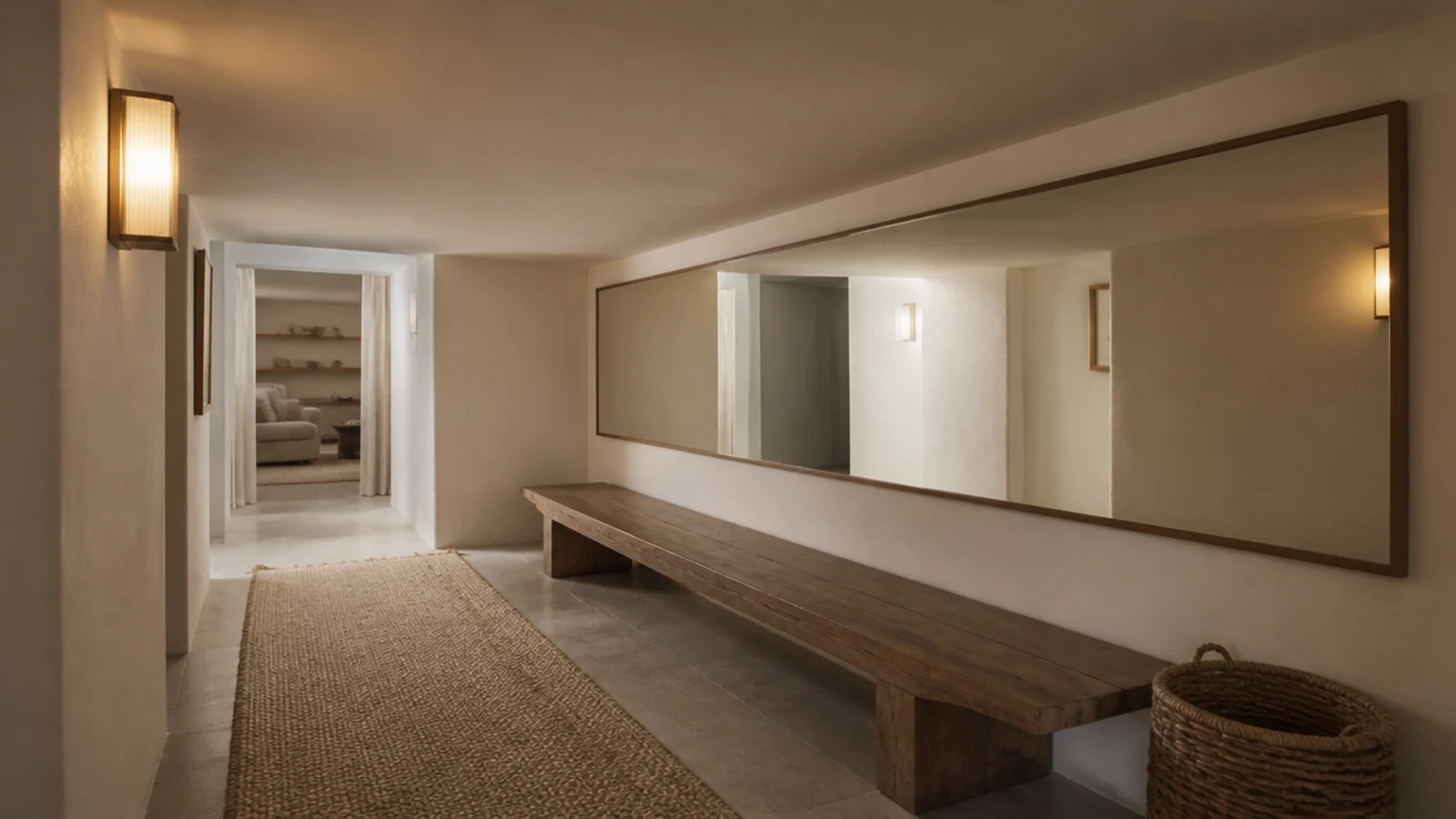 wide horizontal mirror on a low ceilinged entry hallway wall