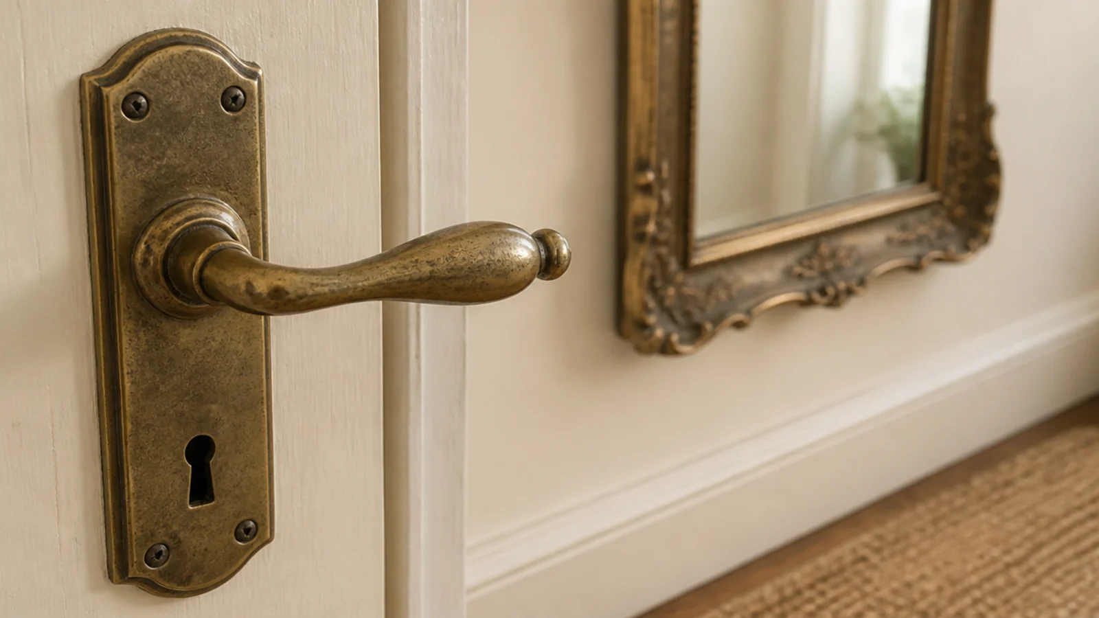 brass mirror frame matching the brass handle on an entry door
