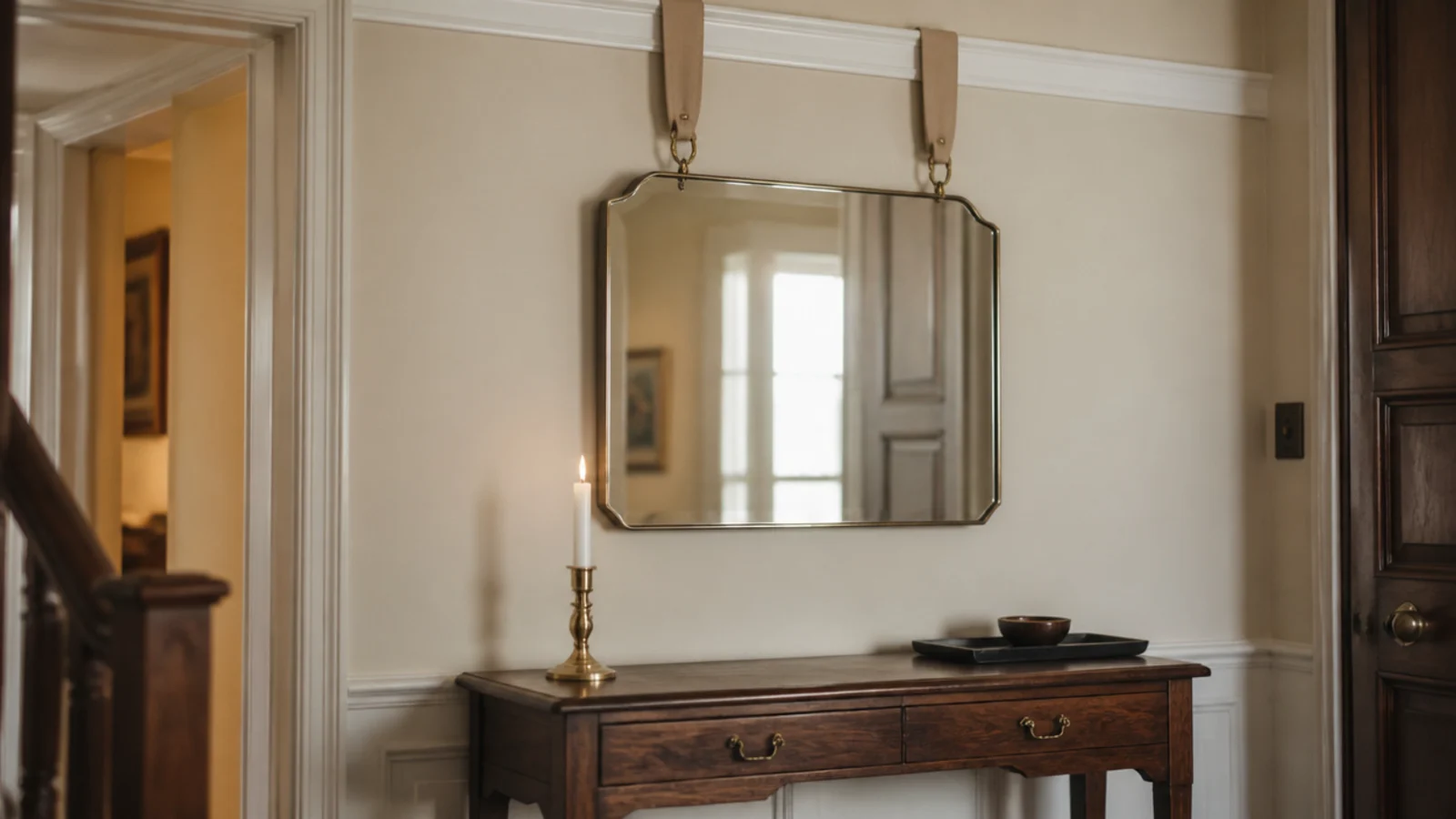 entry mirror suspended from a picture rail on linen ribbon drops