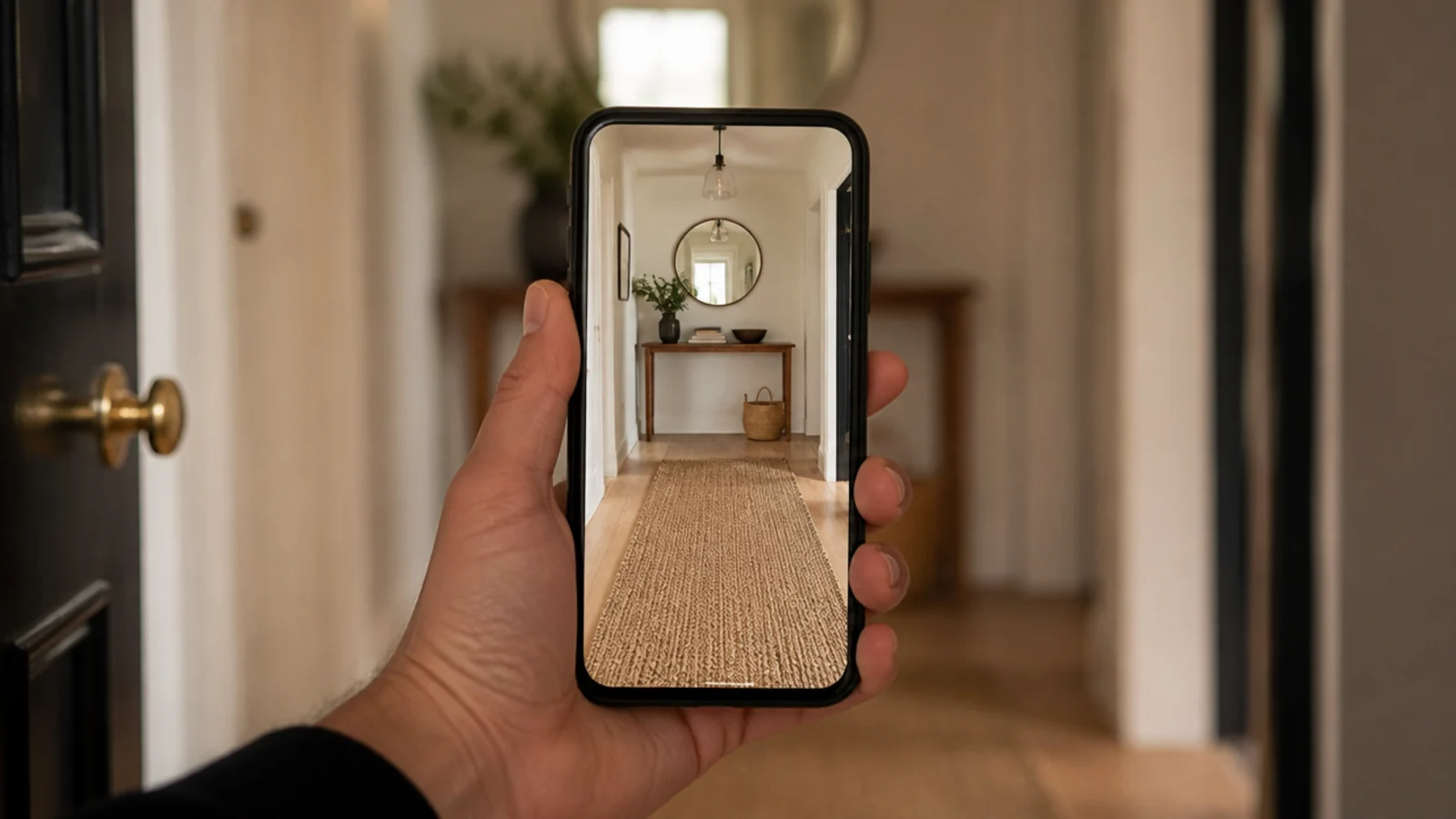 phone framing an entryway mirror wall to check the composition