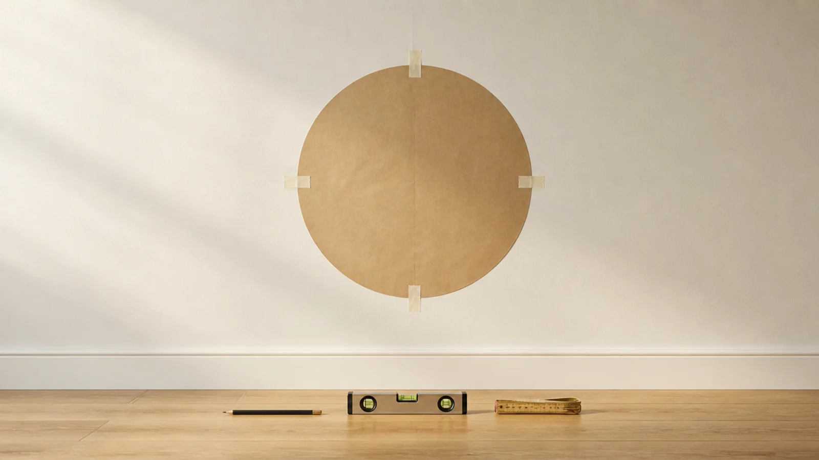 paper template taped on a wall marking a gold mirror position before drilling