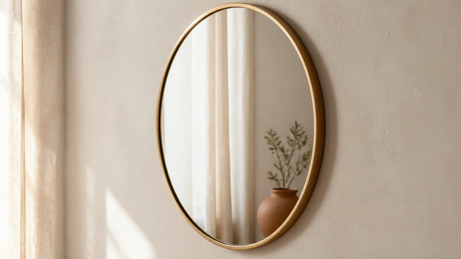 single brass round mirror hung level on a cream wall at eye height