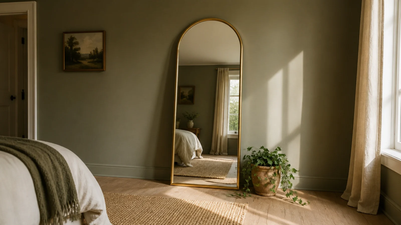 tall arched gold leaner mirror resting against a bedroom wall on oak floor