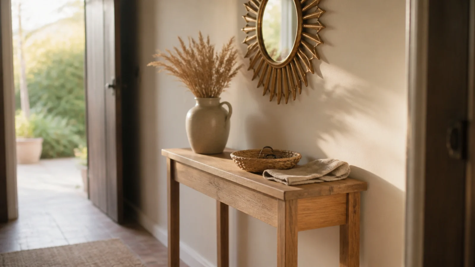 brass sunburst mirror hung close above a slim oak entry console table